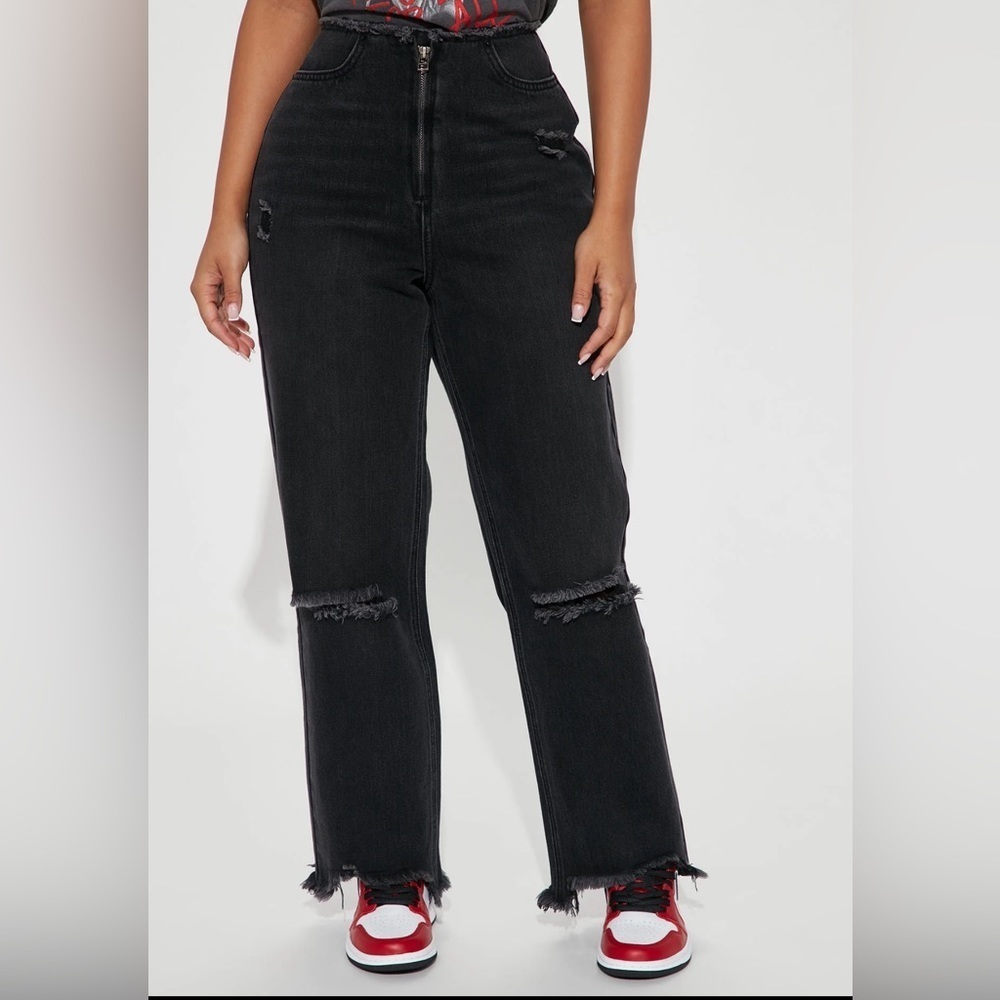 Fashion Nova distressed black jeans wider leg